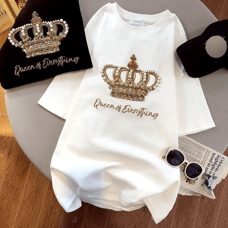 Women's Loose Slimming Plus Size Heavy Industry Beaded Crown Short-sleeved T-shirt Tops