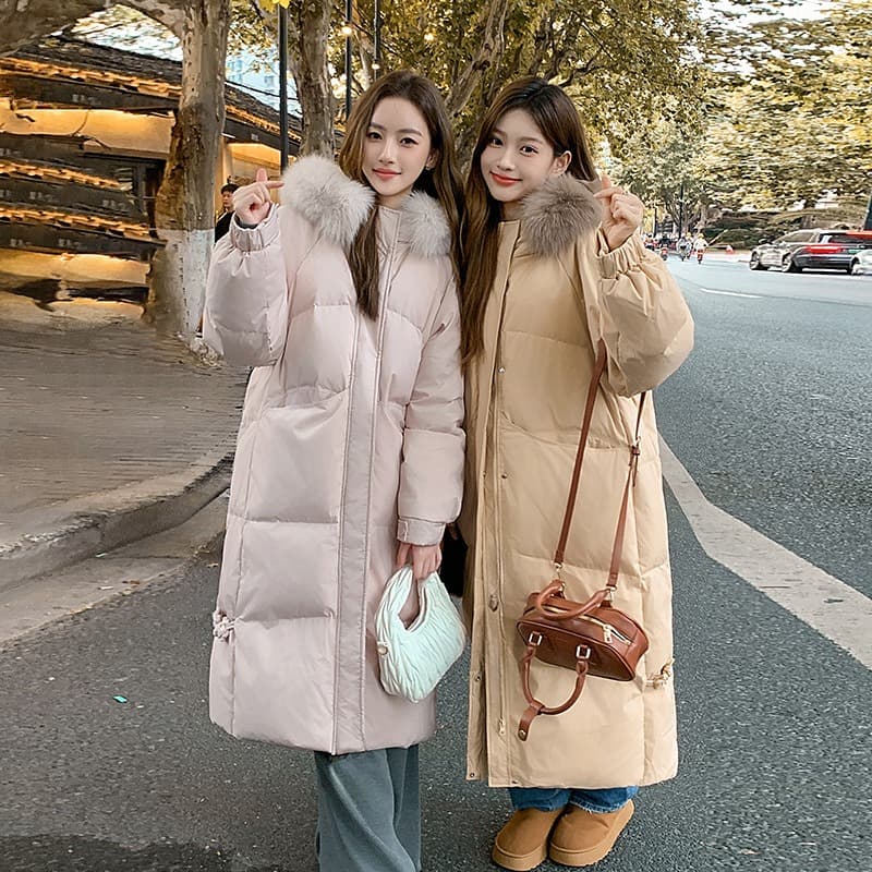 Knee-Length Hooded Puffer Coat With Detachable Faux Fur Trim – Oversized Winter Parka In Black/Khaki/Pink (S-XL)