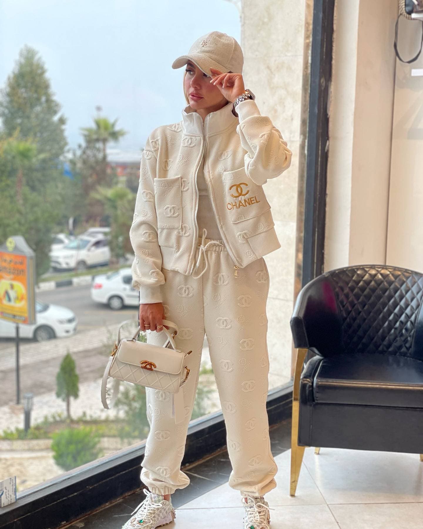 Ensemble de survêtement décontracté pour femme : veste zippée, pantalon de jogging, veste courte à col montant en tissu gaufré et bas de pantal