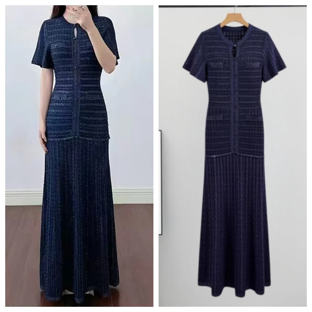 Women's Clothing Summer Knitted Dress Round Neck Short Sleeve Slimming Shimmering Hollow Out Elegant Casual England Style