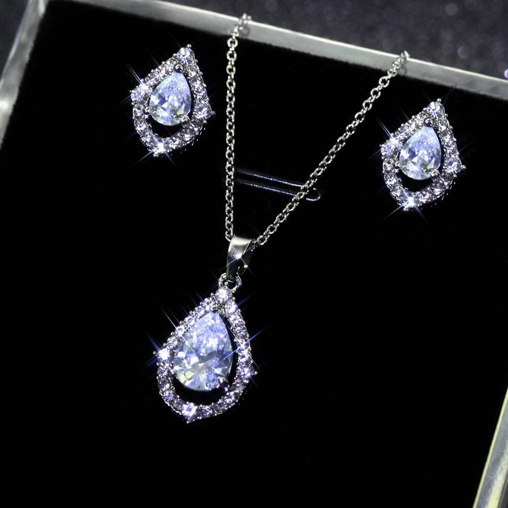 2 PCS European and American New Fashionable Water Drop Zircon Necklace Earrings for Women, Simple, Fashionable, High end Earrings, Clavicle Chain