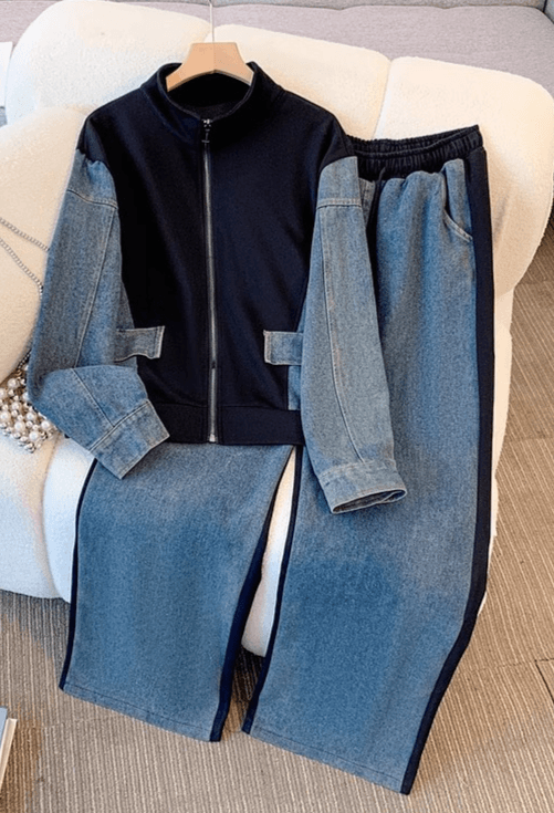 Women's Clothing Denim patchwork tops for girls spring and autumn new junior high school students wide leg long pants two piece suit
