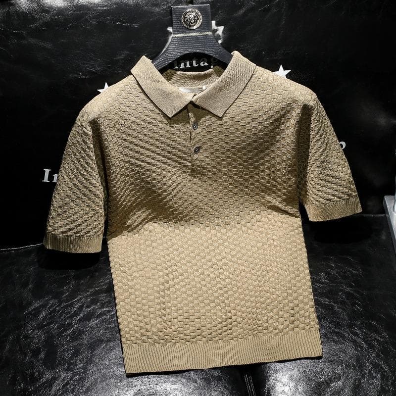 Men's Clothing Summer Ice Silk Short Sleeve Polo Light Luxury Men's T Shirt Solid Color Plaid Texture Lapel Slim Breathable Casual Knit