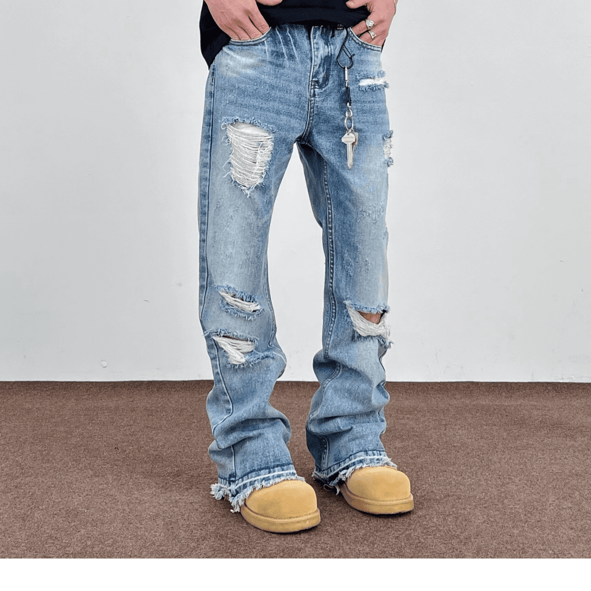 Jean évasé déchiré délavé pour homme avec décoration à pompons - Pantalon droit drapé High Street Cleanfit