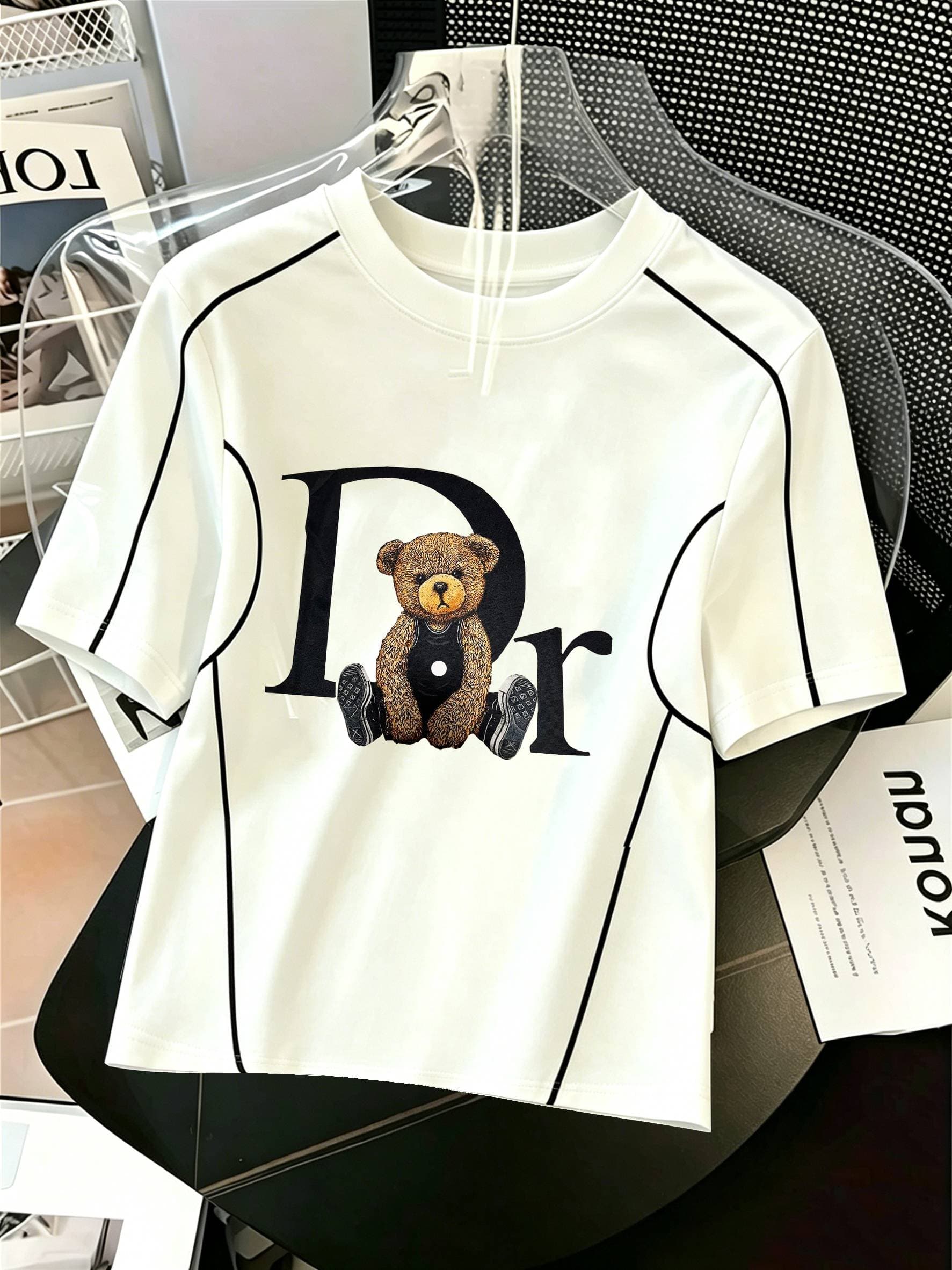 2026 Women's Color-blocked 3D Printed T-shirt With Bear And Letter Patterns - A Trendy And Popular Style This Year.