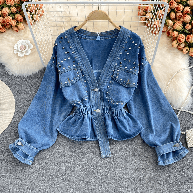 Women's Fashionable Versatile Beaded V-Neck Short Waisted Tops