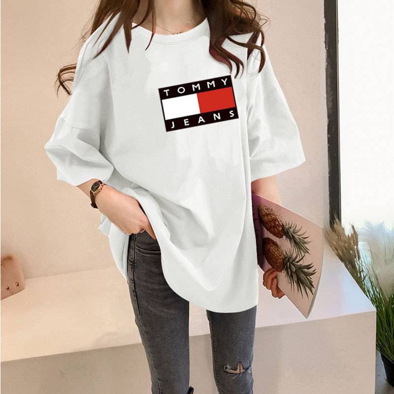 T-shirt mi-long imprimé pour femme, haut ample