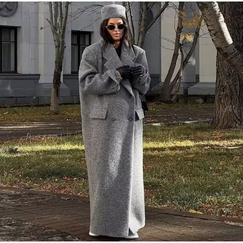 ​​Trendy Long Wool Coat – Women’s Street Style Double-Breasted Button Coat, Fashionable Fall & Winter Outerwear​​