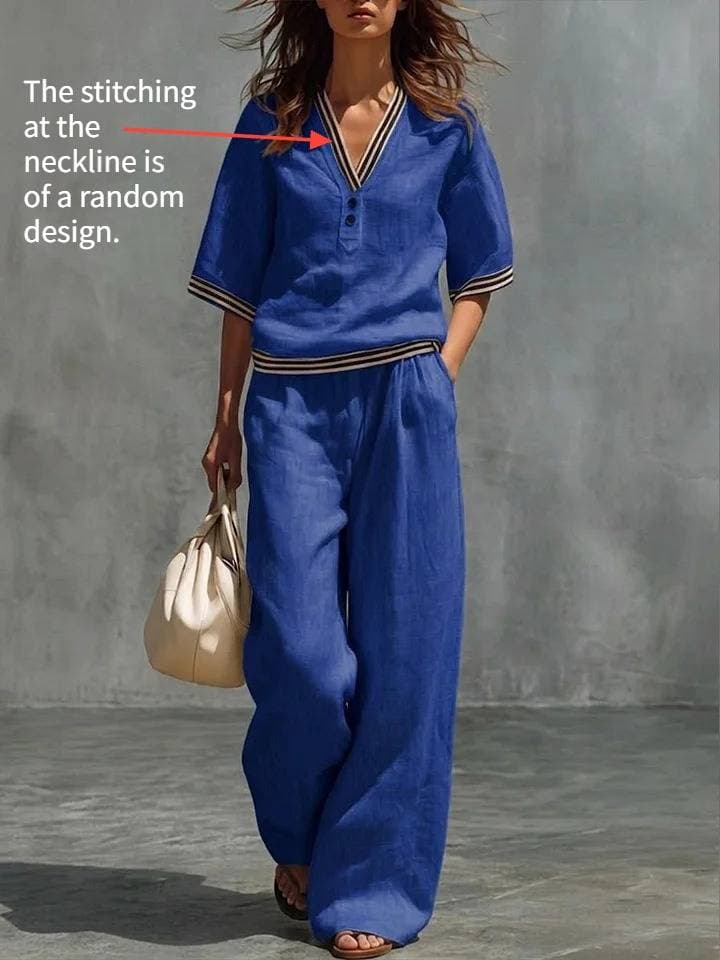 Ensemble deux pièces printemps/été pour femme, en coton et lin, col en V, décontracté et confortable, idéal pour les occasions formelles et dé