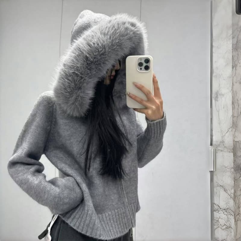 Korean-Style Hooded Short Cardigan, Faux Fox Fur Trim, Loose Fit, Zip-Front, Angora Knit, Grey/White/Black/Khaki, Casual Elegance For Petite Women