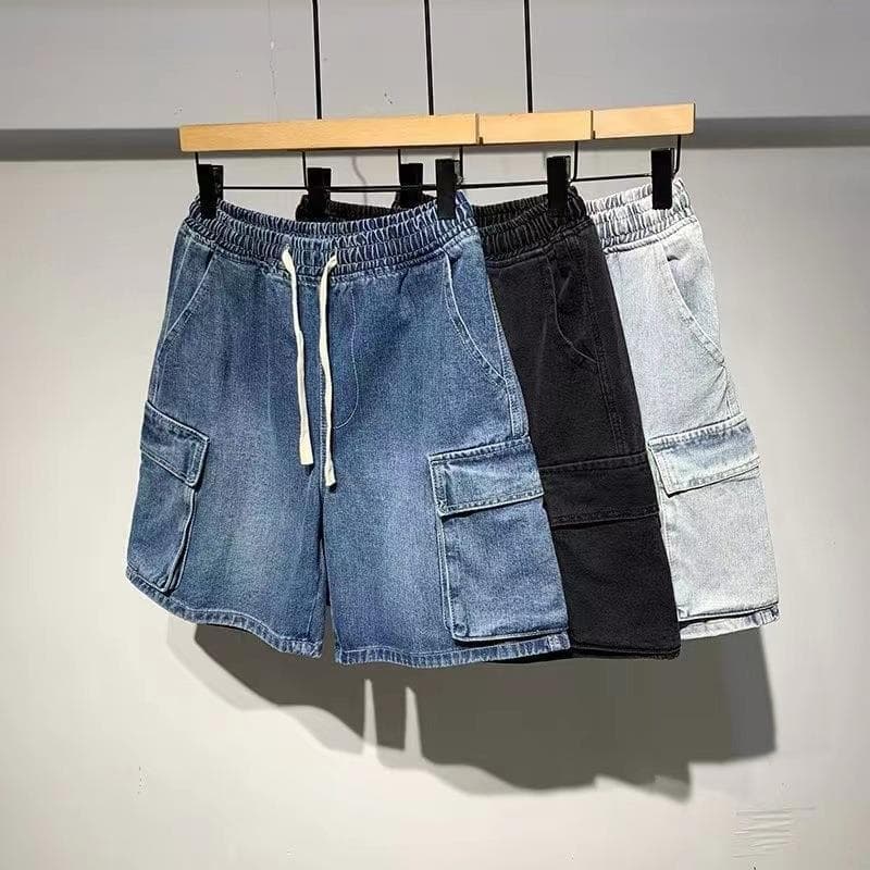 Summer New Men's Denim Shorts Street Wear Retro Korean Harajuku Pocket Jeans Shorts Hip-hop Denim Work Pants Men's Style