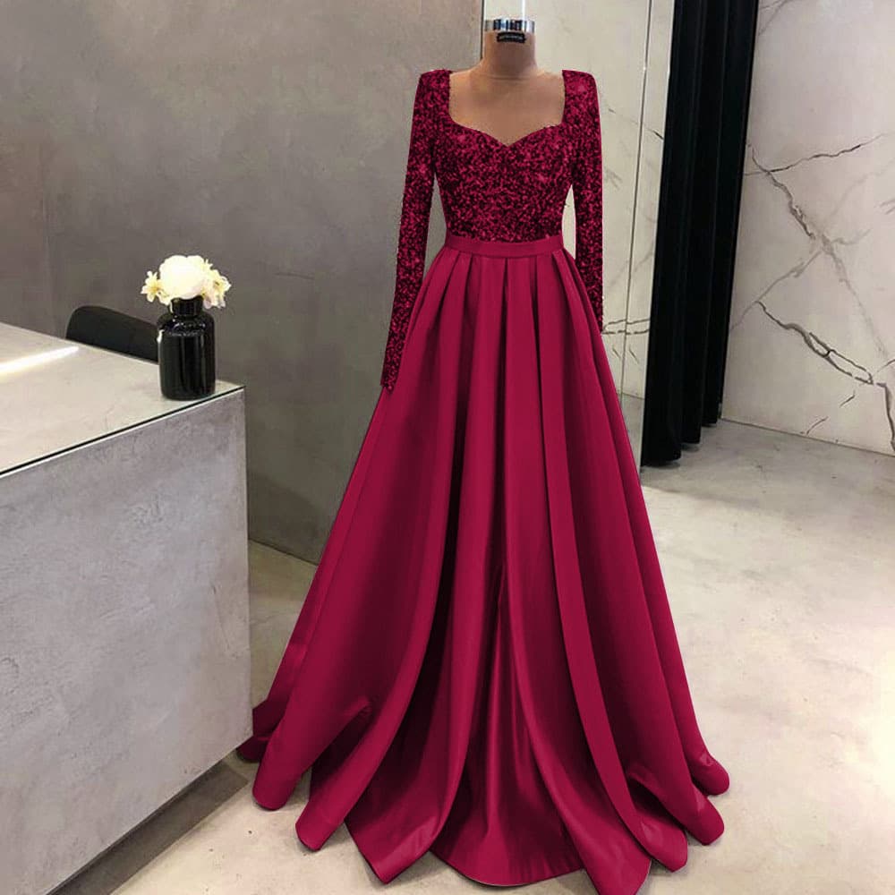 Women's Clothing Elegant Plus Evening Ball Long Slit V Neck Long Sleeve Dress
