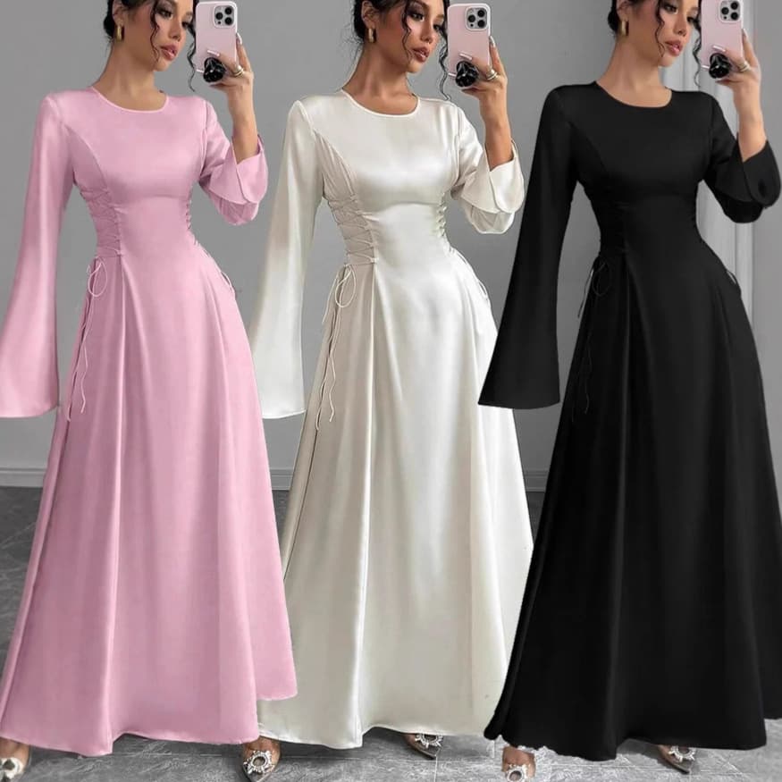 Women's Long Sleeved Satin Dress with Fitted Waist Arabian Style Middle Eastern Saudi Arabia Dubai Fashion Muslim Clothing