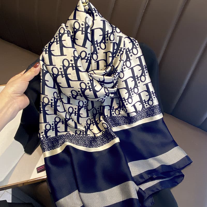 Foulard en soie femmes mince printemps et automne lettres mode Simulation soie sensation écharpe châle double usage hiver châle bavoir