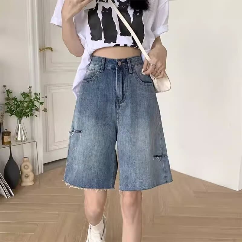 Women's High Waist Distressed Denim Shorts - Summer Blue Ripped Casual Boho Shorts With Stretch Mid-Length Loose Fit Capri Pants For Women