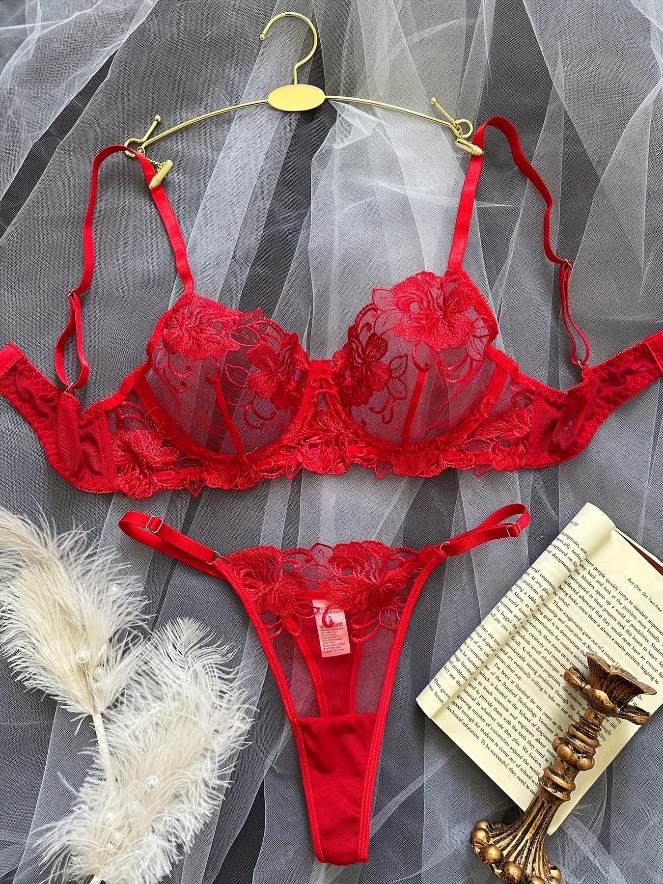 Women's clothing flower mesh embroidery gathered perspective sexy thong sexy suit
