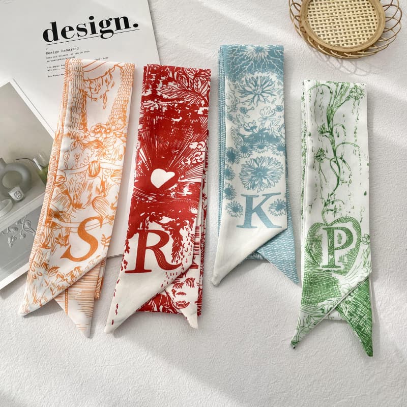 Alphabet Print Narrow Silk Scarf Multipurpose Fashion Accessory For Hair Bags Neck 26 Letters Gift Ready Packaging Lightweight Stylish