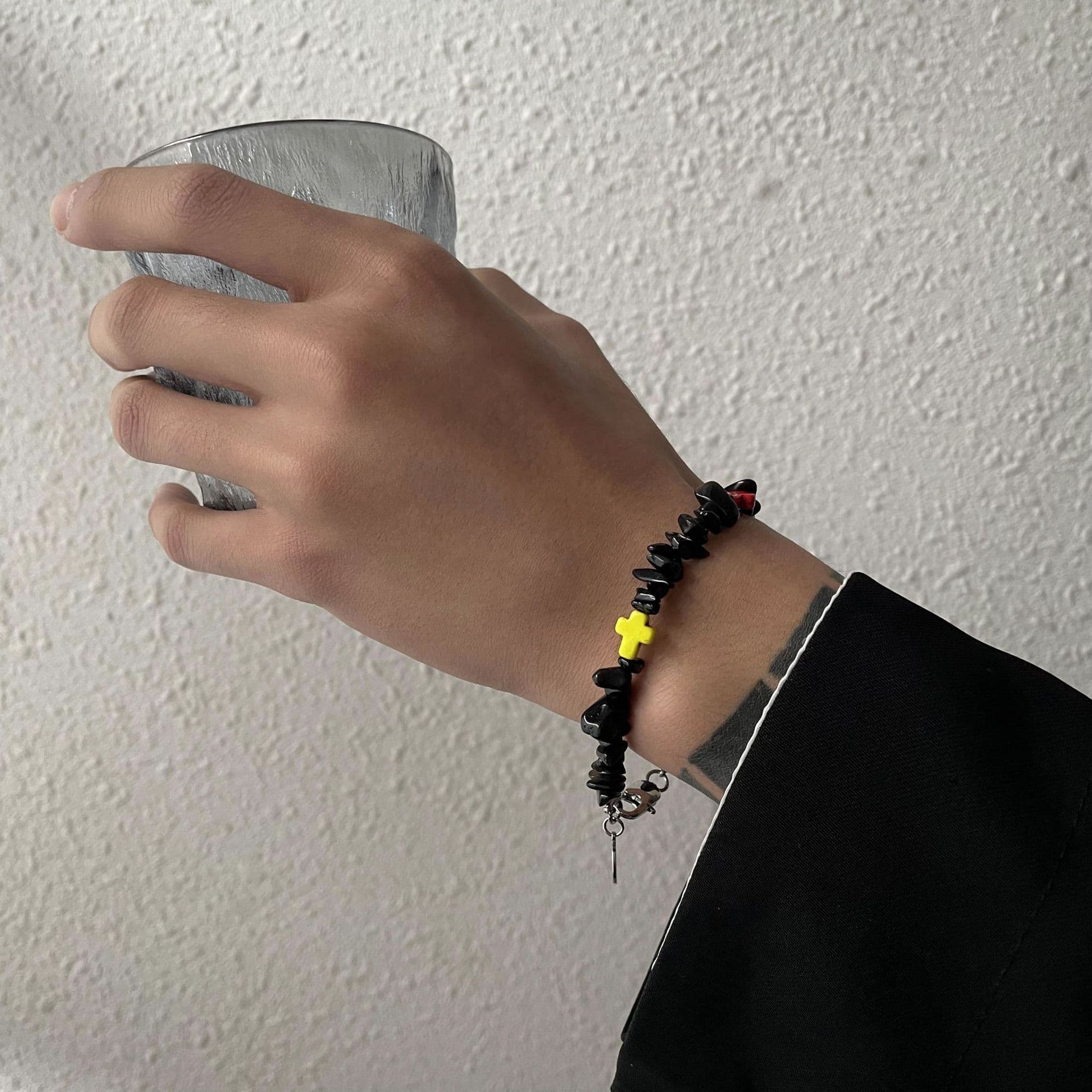 Design Hip Hop Black Agate Color Cross Smiley Face Bracelet Men And Women Braided Bracelet