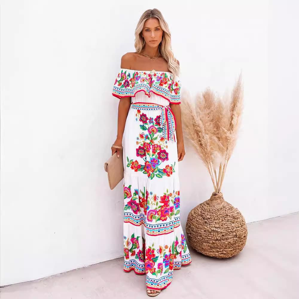 Women's Spring And Summer New One-shoulder Red Flower Print Long Swing Dress