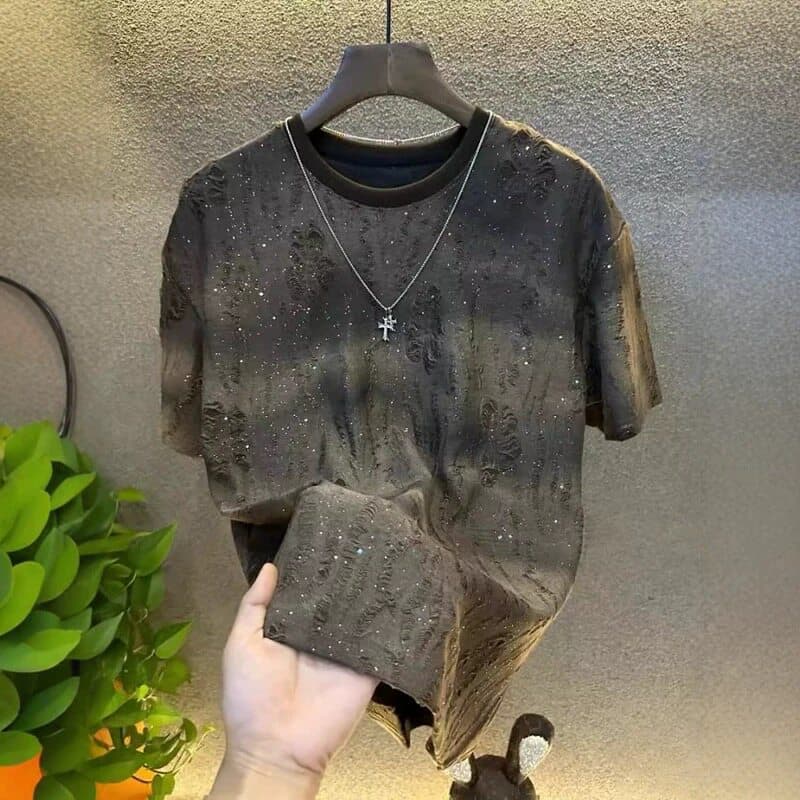 Men's Summer Short Sleeve Crew Neck T-Shirt Trendy Luxury Starry Sky Rhinestone Design Ripped Cropped Top