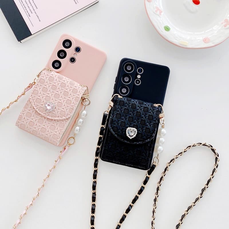 Weave Wallet Lanyard Case For Samsung Galaxy S26 Ultra S25 FE S23 S24 Plus S22 Crossbody Strap Pearl Leather Cute Flower