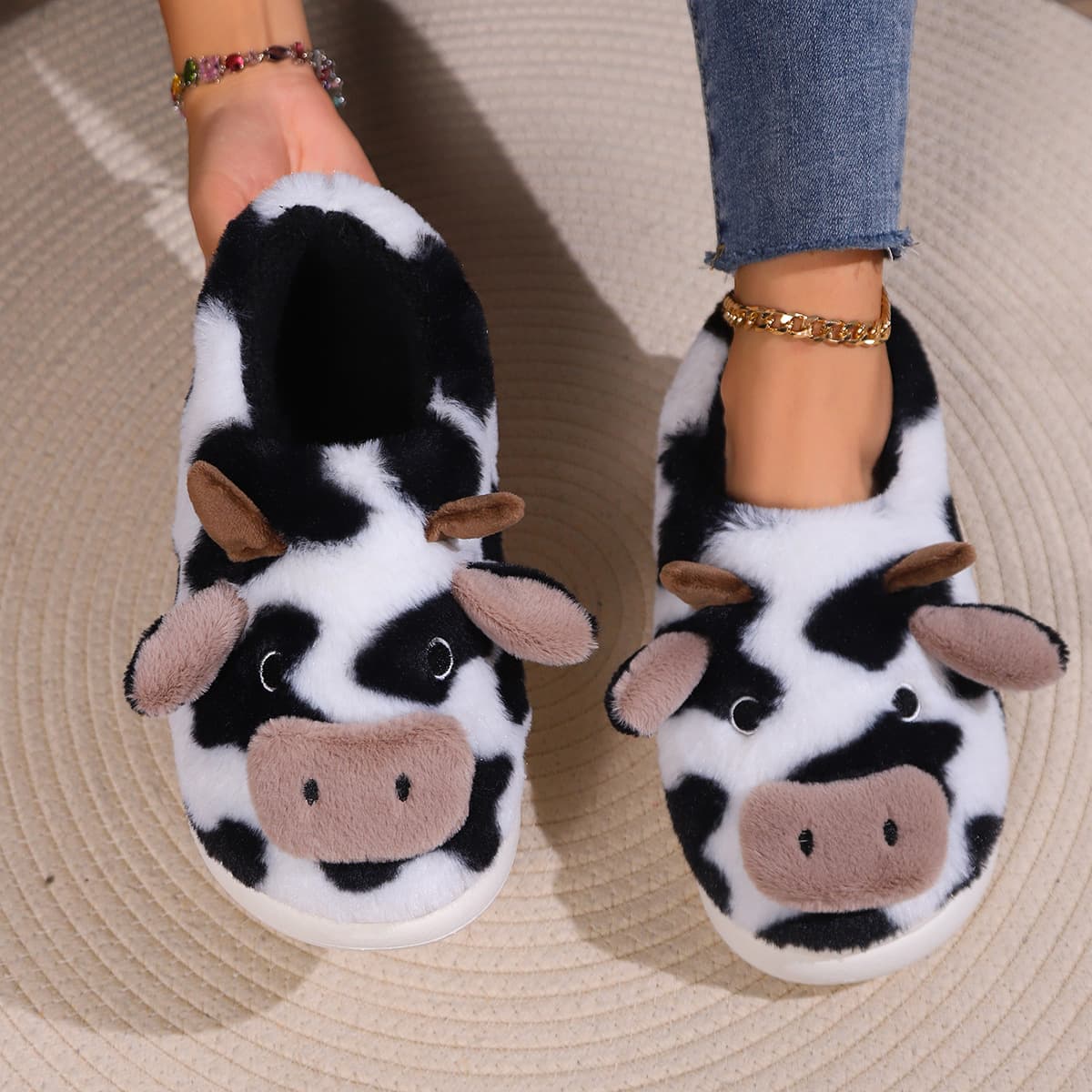 Thickened package with cartoon cow fur slippers winter home leisure indoor home head warm non-slip