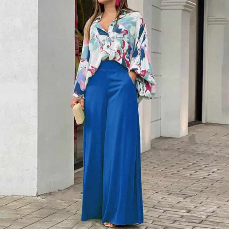 Women's New Fashion Suit Large Size Women's Lapel Shirt Printed High Waist Wide Leg Pants Two-piece Set