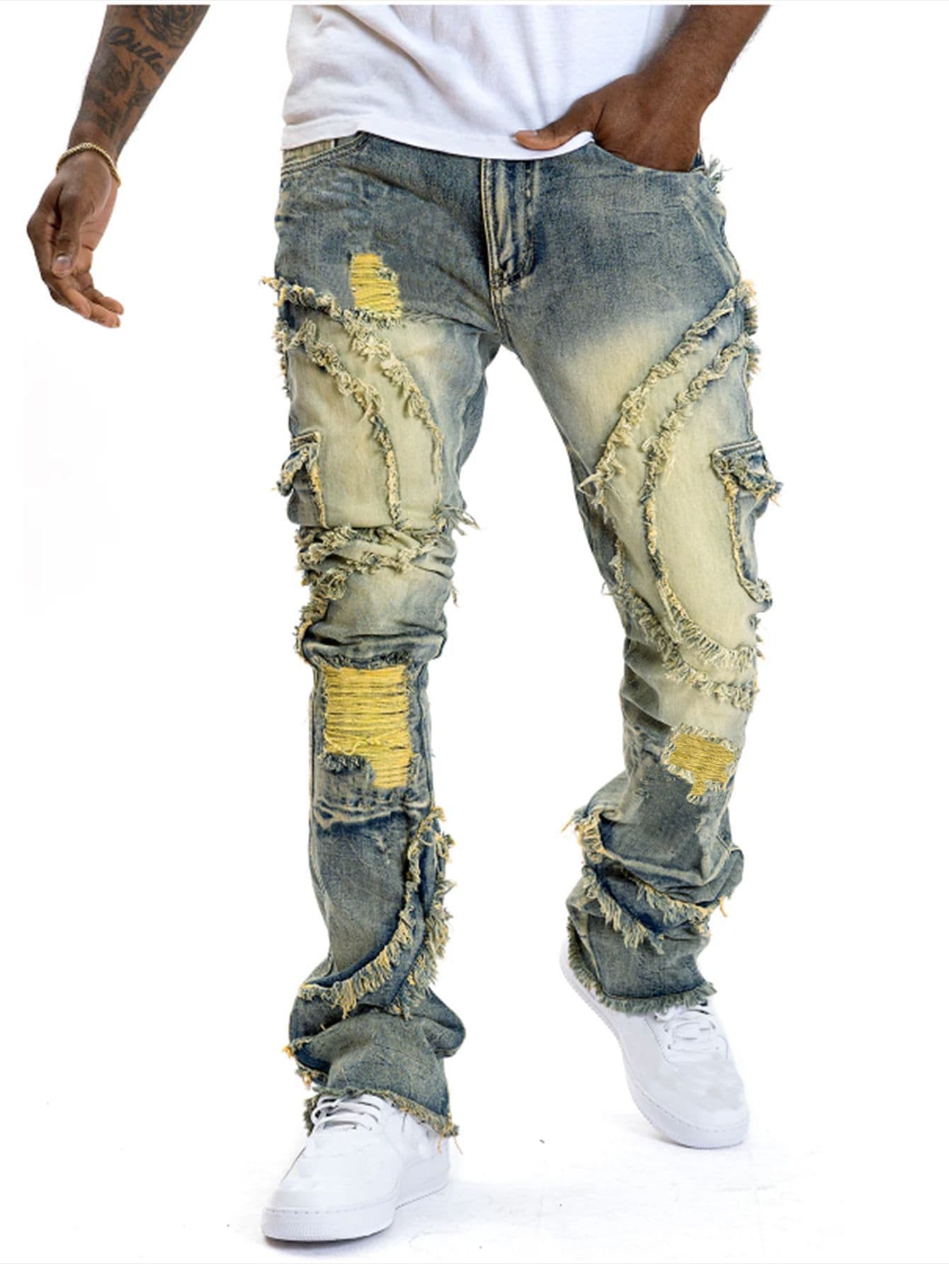 Men's Clothing retro dark blue vintage high street flared snowflake washed old cleanfit style vibe
