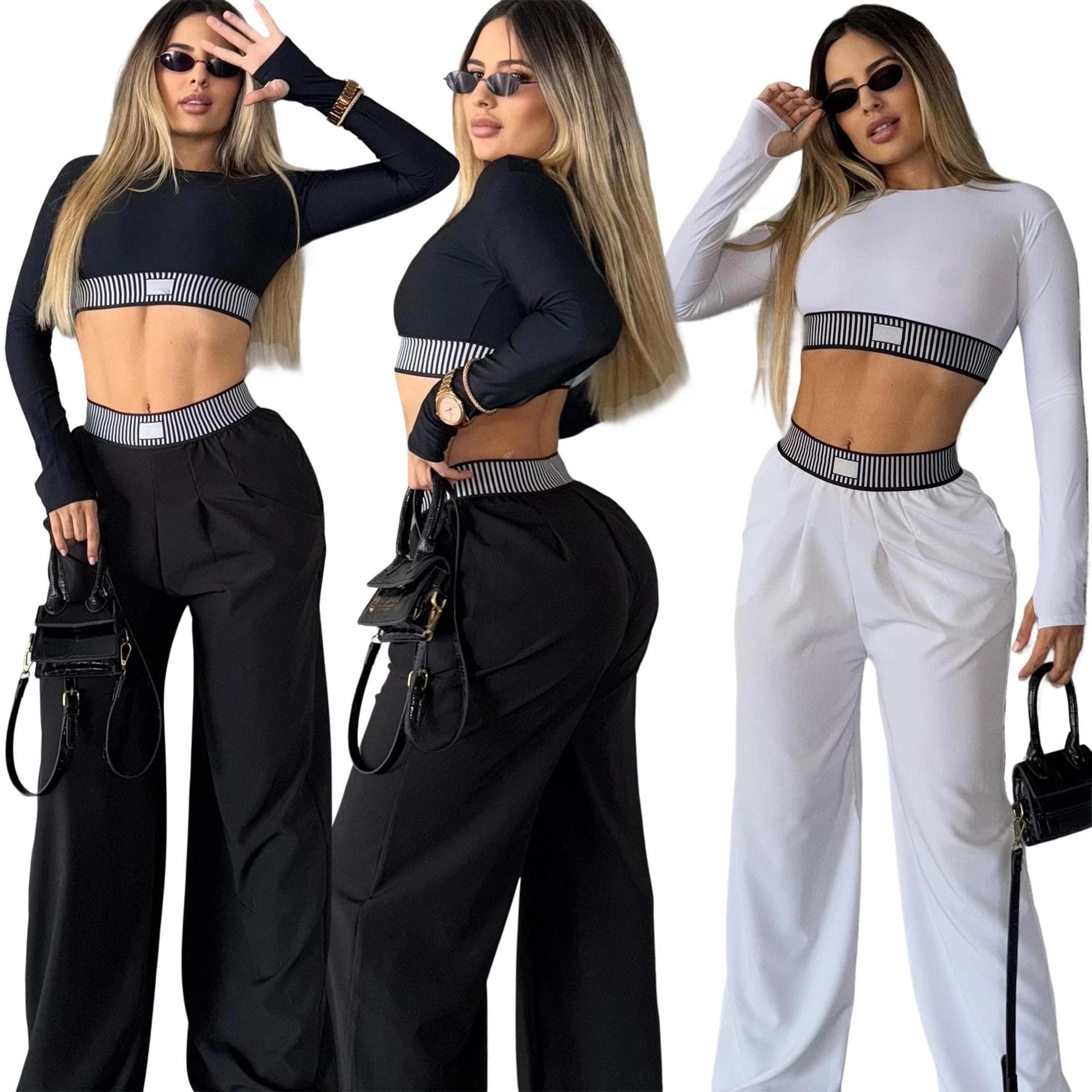 Autumn And Winter Fashionable Long Sleeved Sexy Crop Top, High Waist Loose Casual Straight Leg Wide Leg Pants Set