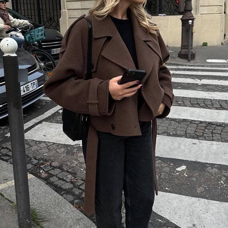 ​Wool-Blend Double-Breasted Trench Coat – Women’s Fashion Outerwear With Belt, Oversized Lapel & Mid-Length Cut (Dark Brown, S-XL)​