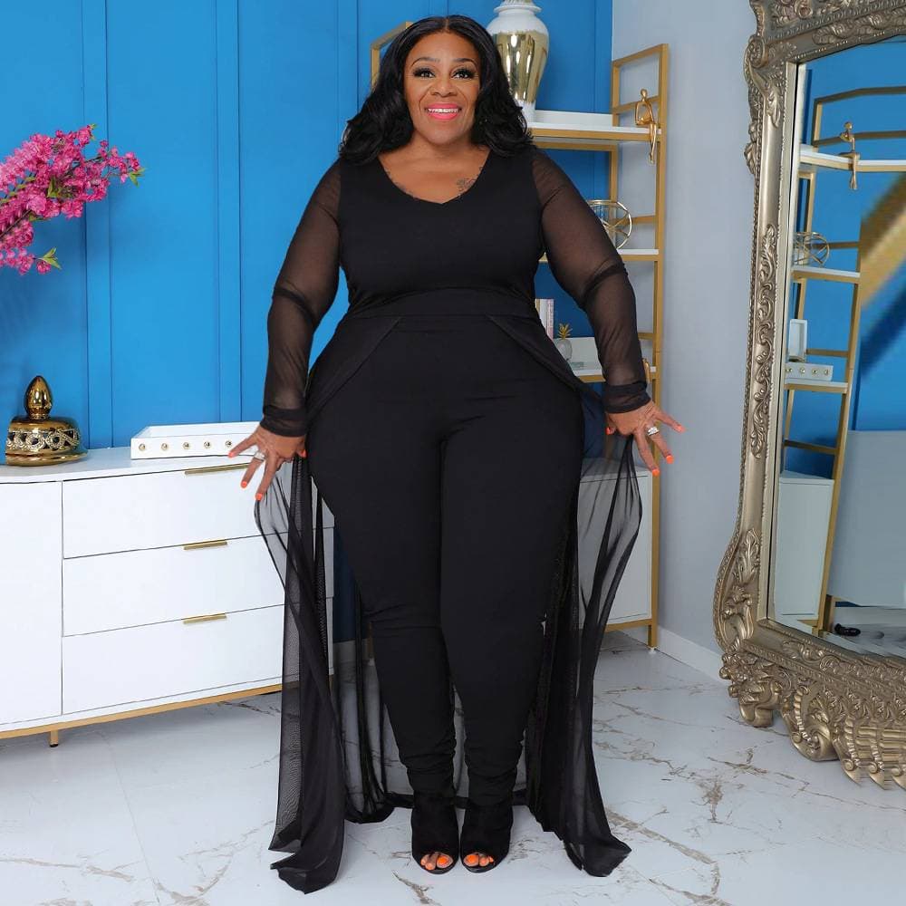 Women's Clothing New Style Plus Pocket Long Sleeve Stitching Elastic Jumpsuit Women