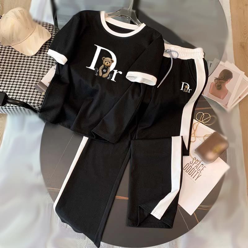 Women's Casual Sporty Two-Piece Set Short Sleeve Top Comfortable Pants Black White -AS