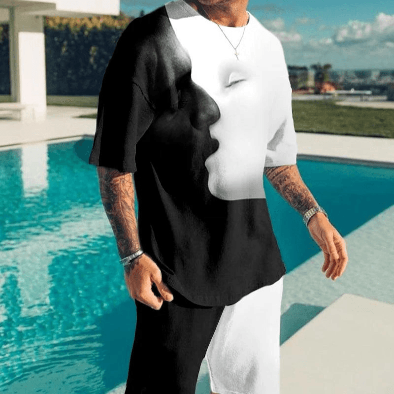 Men's Clothing Short sleeves shorts men's 3D t-shirt short sleeve trendy casual sports suit round neck two-piece suit