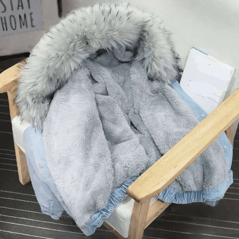 Women's Clothing autumn and winter new denim jacket for women Korean style loose female students plus velvet thickened large fur collar hooded jacket