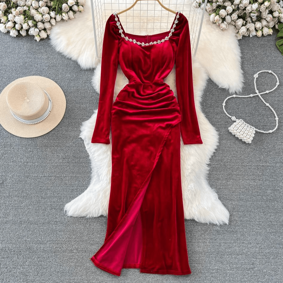 Women's Clothing Evening Dress Long Skirt Lady Temperament Diamond Studded Square Collar Waist Slimming Medium Length Slit Gold Velvet Dress