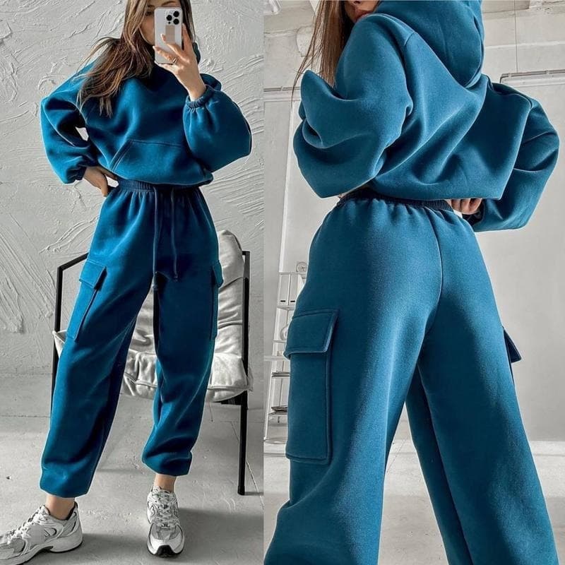 Women's Fashion Casual Tracksuit Set - Thickened 230g Cotton-polyester Blend Hoodie & Pants, Streetwear Style (Blue/Red/Brown/Khaki/Black/White)​
