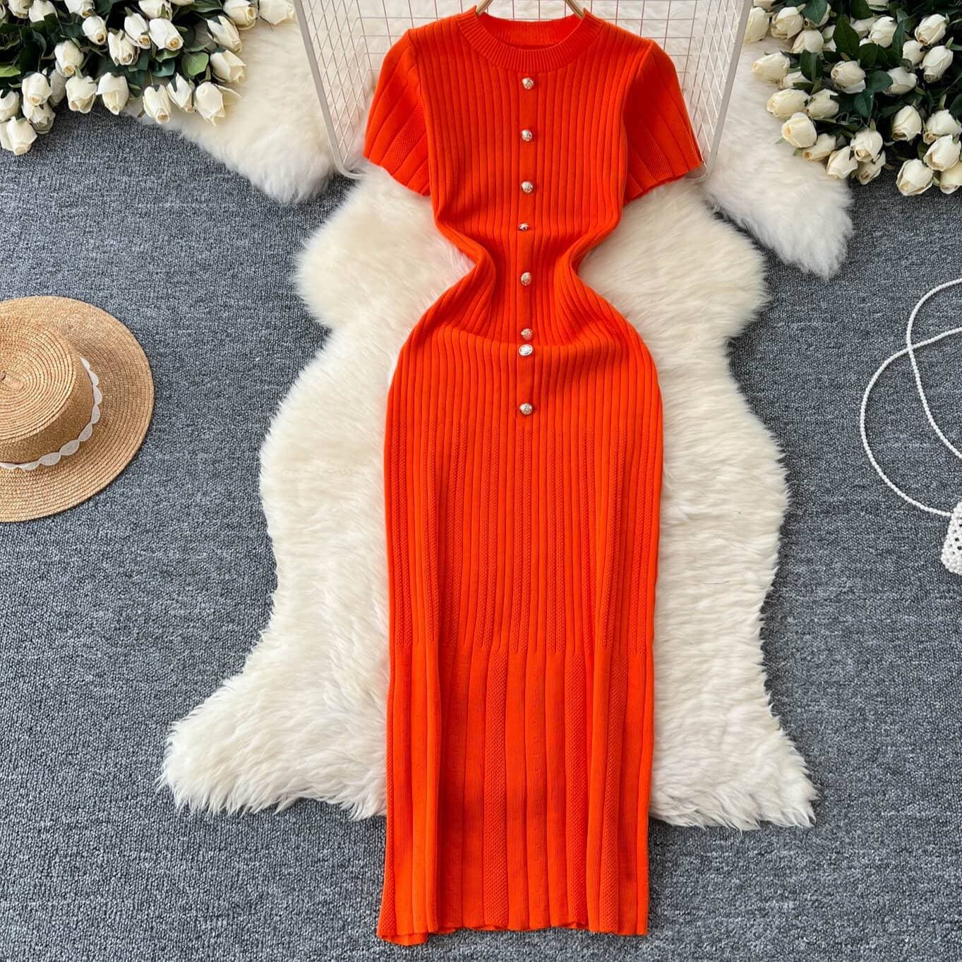 Women's Slim Fit Round Neck Long Dress High Quality Knitted Short Sleeve Early Autumn Dress New