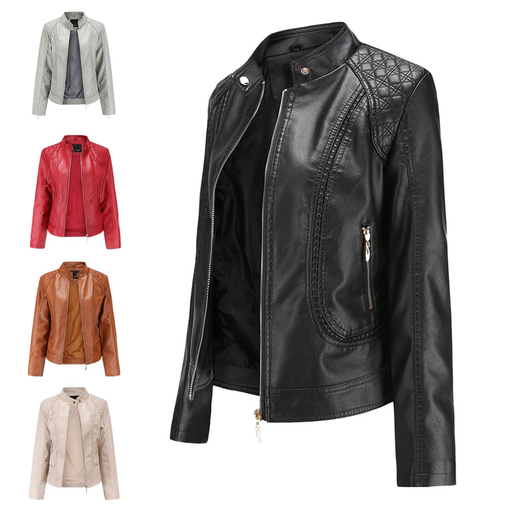 Women's plus-size stand-up collar PU leather jacket Women's leather jacket