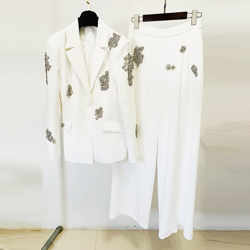 Women's Clothing fashion new heavy beaded diamond one button suit jacket wide leg pants suit two pieces