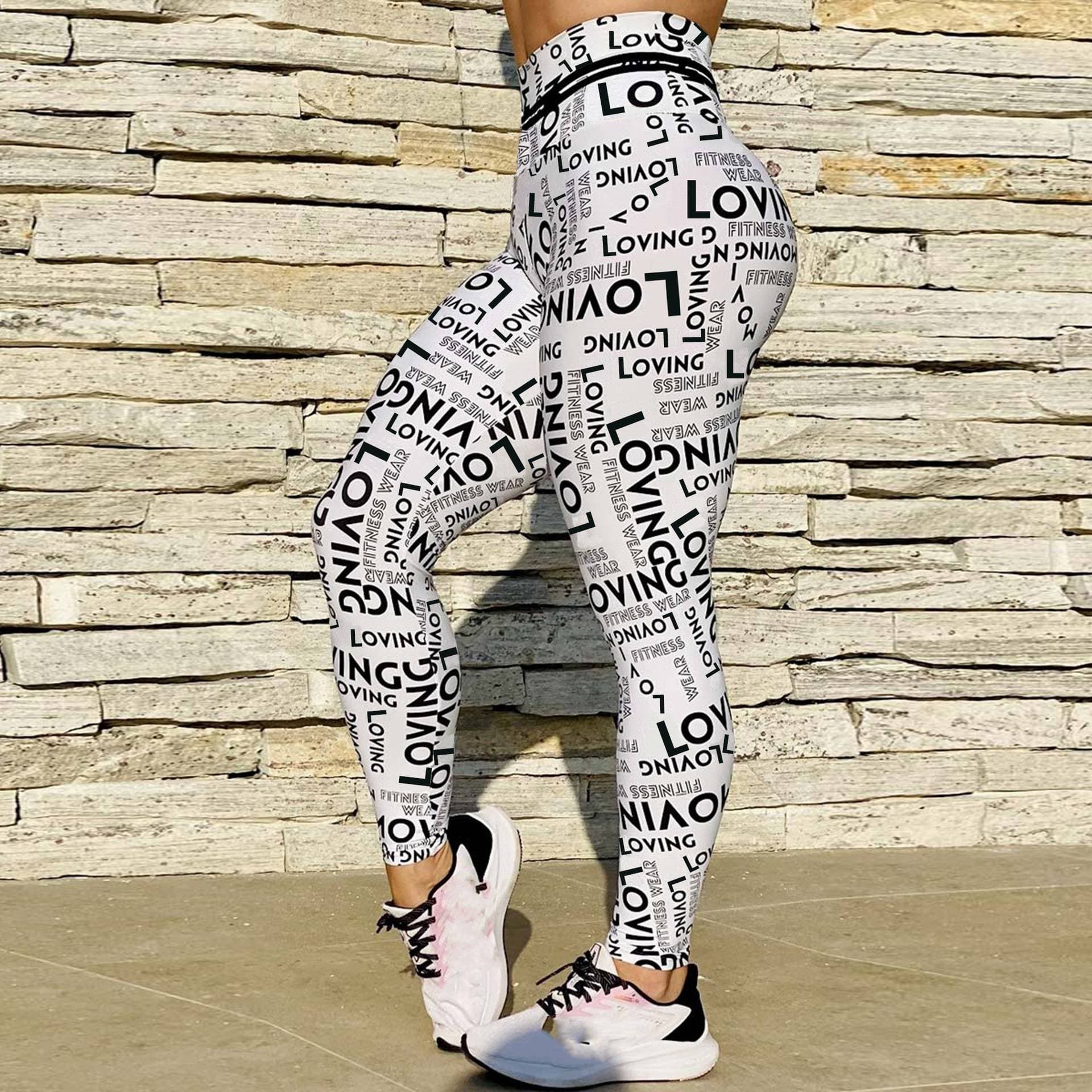 Women's Clothing classic black and white letter high waist printed yoga pants sports