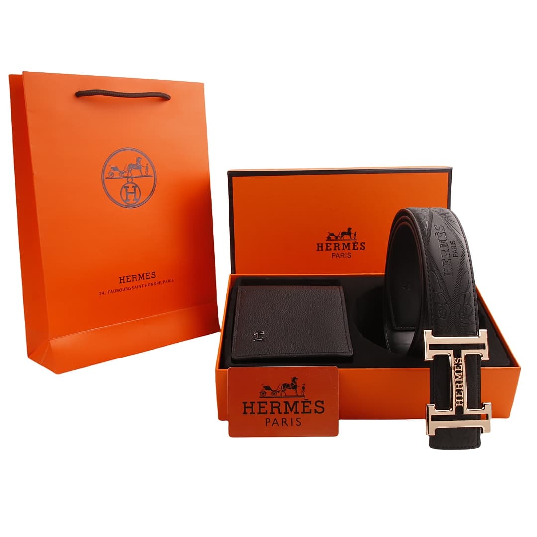 Ensemble portefeuille et ceinture pour homme en cuir noir avec boucle en H