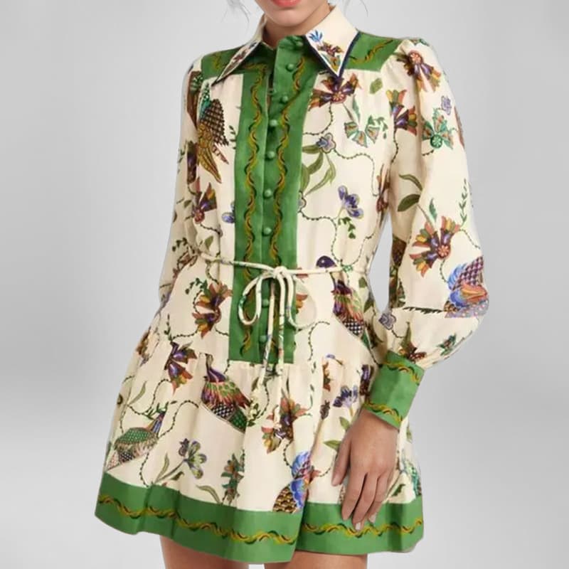 Women's Clothing Lace Up Printed Lapel Long Sleeved Pleated Dress