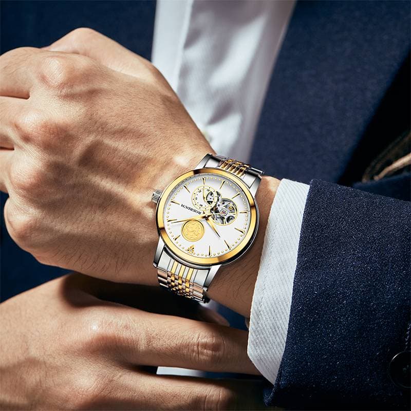 Golden Kylin Series-Men's Luxury Mechanical Watch White Gold Dial Stainless Steel Band Business Style