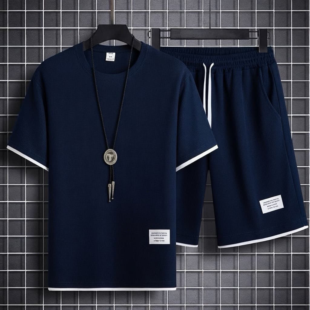 Men's Summer Waffle Knit Short Sleeve T-Shirt And Relaxed Fit Shorts 2-Piece Casual Sport Set