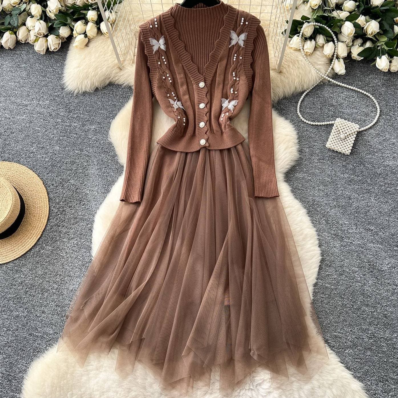 ​​Women's Knit Mesh Dress & Beaded Vest Set – Elegant Two-Piece Outfit (White/Apricot/Brown/Black, One Size)​​