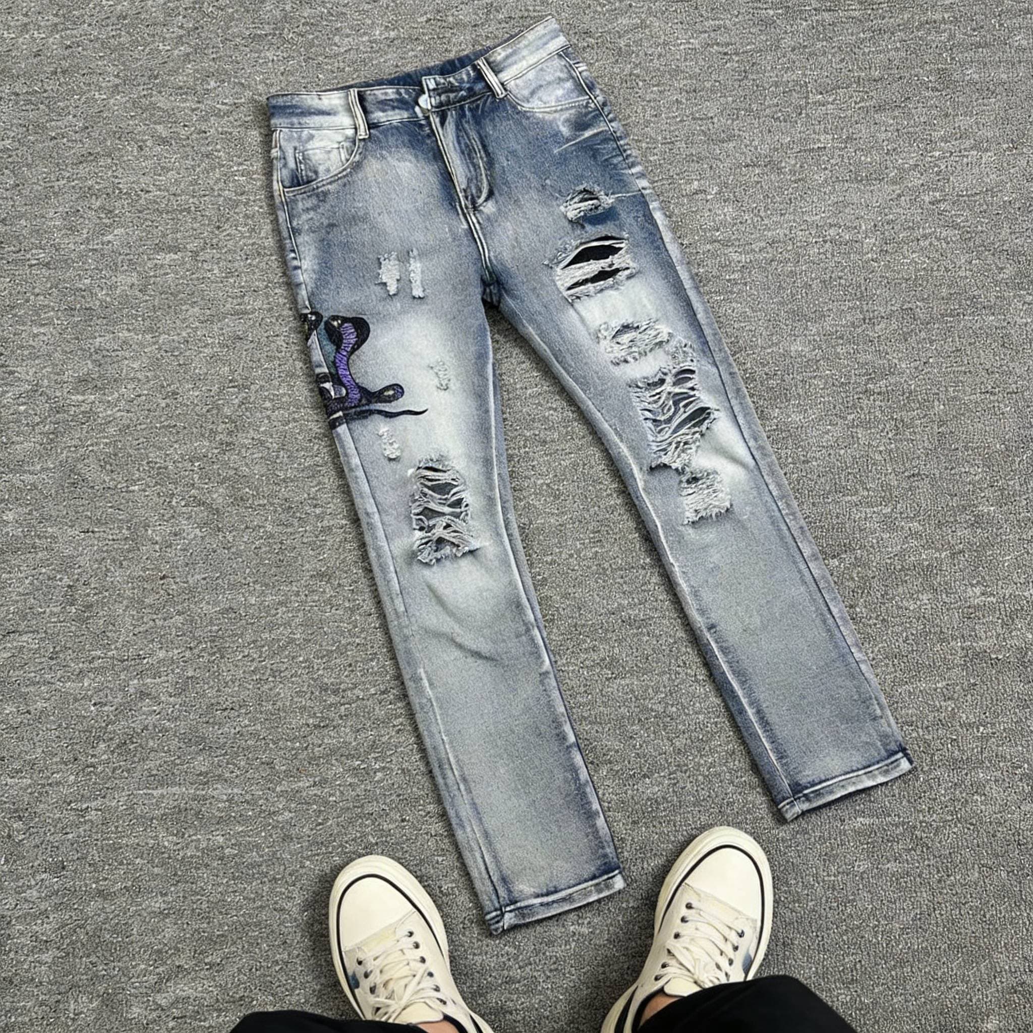 Men's Clothing 26 New Gray Distressed Embroidered Jeans, Trendy Stretch Slim Fit, American High Street Style Trousers