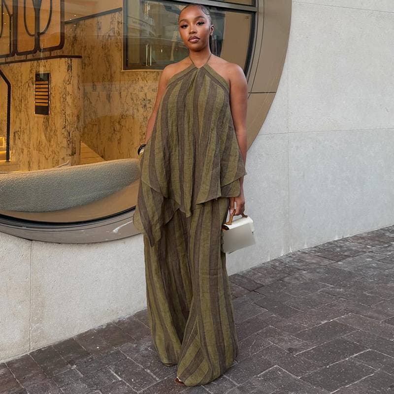 Women's Halter Neck Sleeveless Irregular Top Wide Leg Trousers Set Fashion