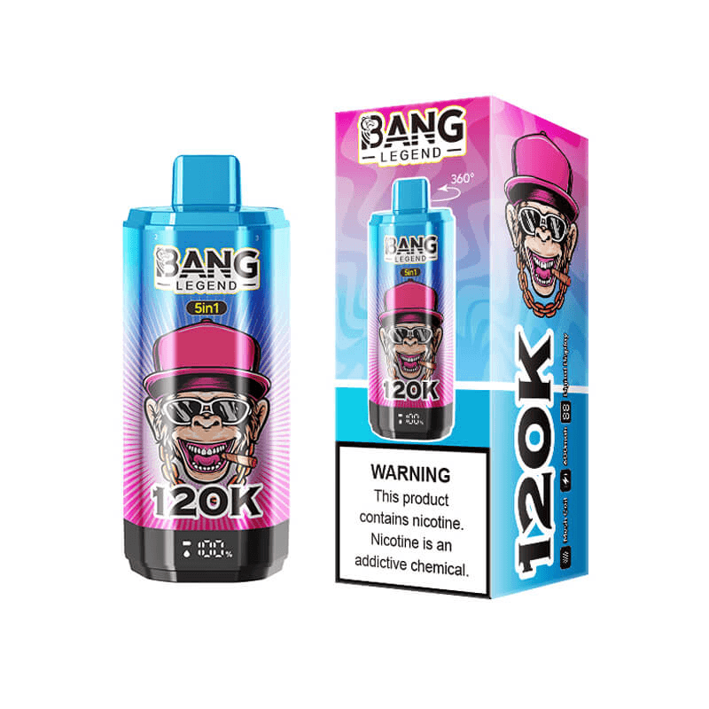 Lot de 2 cigarettes électroniques jetables Bang Legend 120 000 bouffées avec écran, saveurs fruitées et glacées.