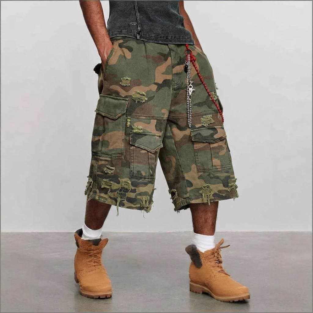 Men's Clothing High Quality Distressed Camouflage Stonewash Washed Vintage Cropped Pants Loose Wide Leg Ripped Cargo Shorts American Style