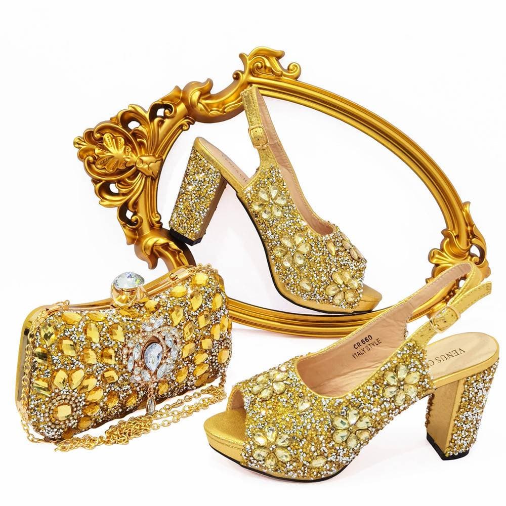 Sparkling Stone Embellished Peep-Toe Heels - Backless High Heels Matching Wallet Set (Evening Glam Collection)